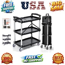 Foldable Utility Service Cart, 165LBS 3 Shelf Heavy Duty Plastic Rolling Cart...