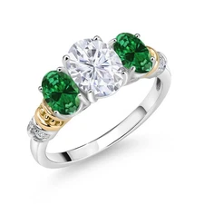 925 Sterling Silver and 10K Yellow Gold  White Moissanite Created Emerald and