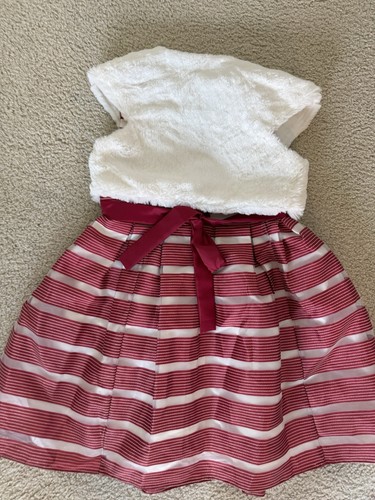 Red and White Striped Dress with Bow and fur jacket size 8 - Picture 2 of 5