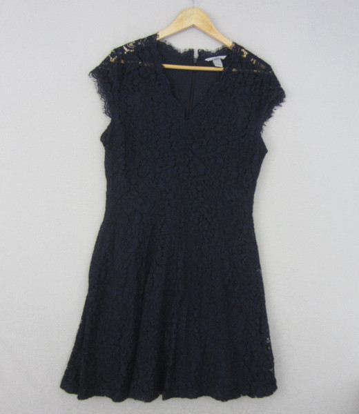 H&M Dress Womens Large Navy Blue Lace Fit Flared Stretch Short Sleeve Event Work