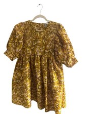 Kika Vargas Yellow Floral Baby Doll Dress Size Medium Puffed Sleeves