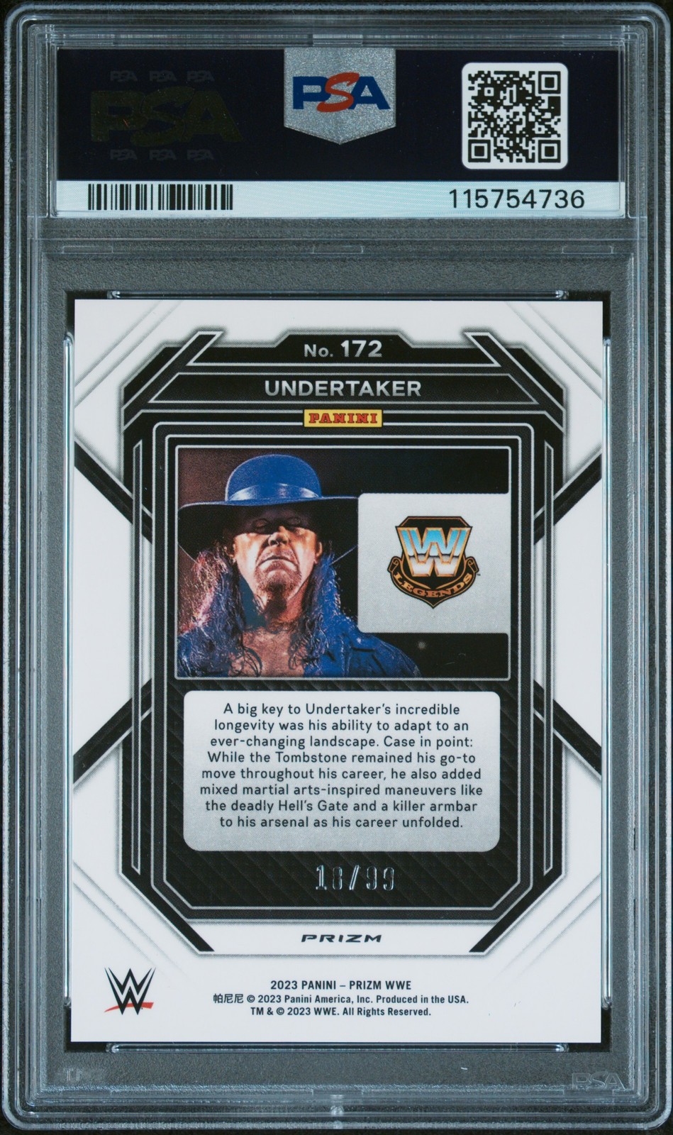 2023 PANINI PRIZM WWE ORANGE PRIZM #172 UNDERTAKER 10/99 PSA 10 view 2