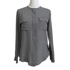 Equipment Womens Lynn Collarless Silk Blouse Sz Small Black White Button Up