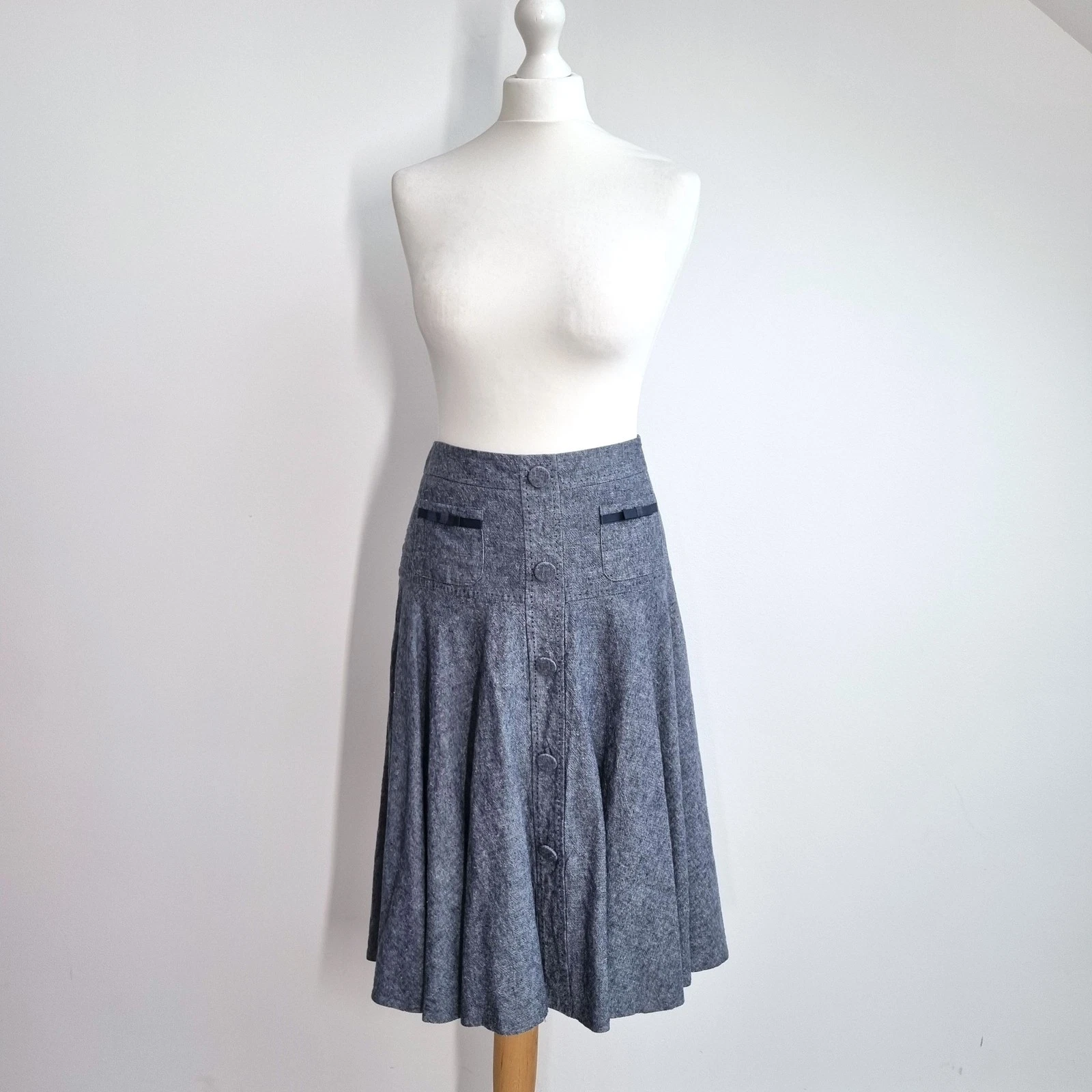 M&S Skirt Linen Blend Blue UK 12 Fit & Flare Pockets ALine Button Dark Academia