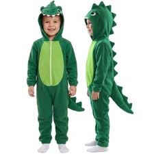 Kids Green Dinosaur Costume Jumpsuit Hood Tail Boys Girls Fancy Dress Halloween