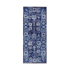 2'5"x6' Yale Blue Tebraz with Leaf Design Rug Hand Knotted Wool and Silk 92019