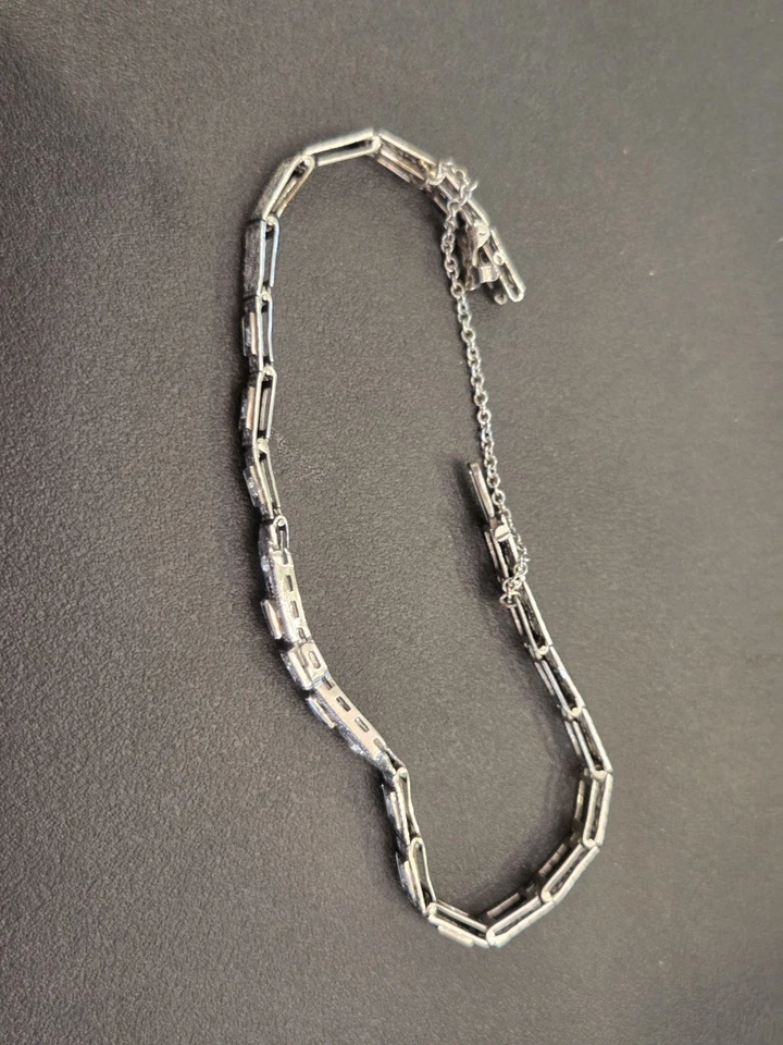 Antique 1900s 14k White Gold Art Deco Bracelet Diamond & Sapphire Appraisal $2K+ - Image 3 of 4