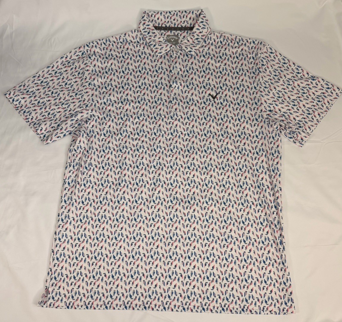 Callaway Opti-Dri Golf Polo Shirt Mens Large L White Blue Bird Print Performance