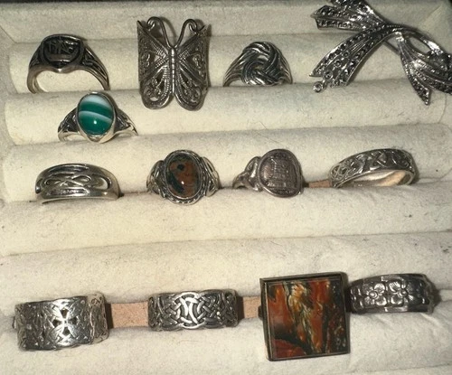 STERLING SILVER VINTAGE LOT 12 RINGS BIG AGATE STONES MARCASITE BOW BROOCH 69.9G