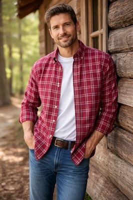 LL BEAN Shirt Men L Red Plaid Wrinkle Free Slightly Fitted Button Down Preppy