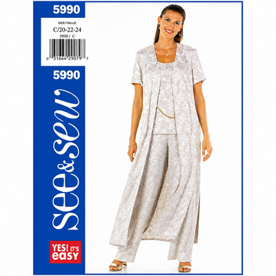Butterick See & Sew 5990 Duster Top Pants Sewing Pattern Size C 20-22-24 Uncut
