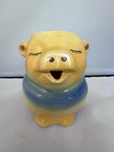 Vintage Shawnee Pottery Smiley Pig Creamer Pitcher Yellow Blue Vase Farm Animal