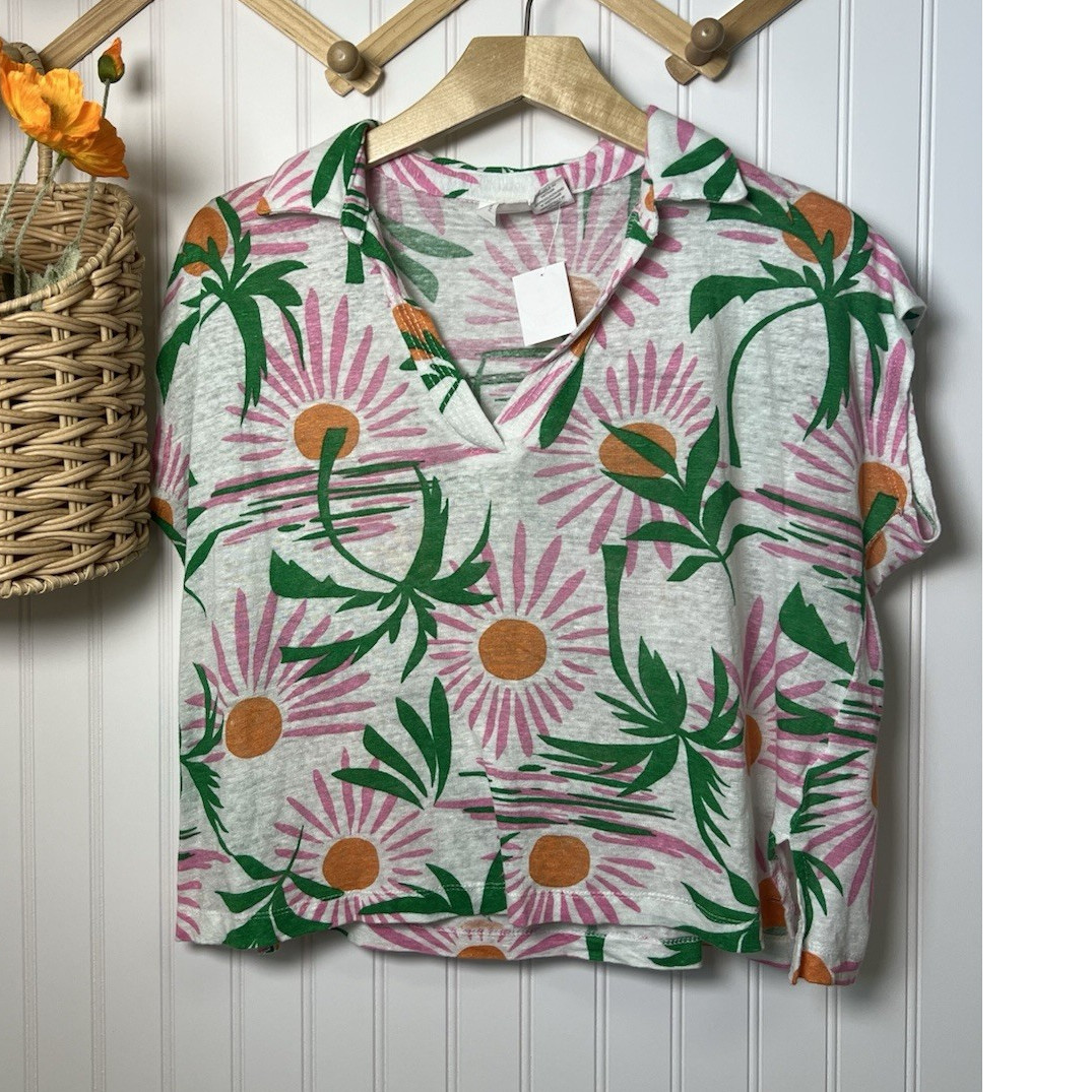 C&C California Women's Medium Beachy Floral Collared 100% Linen Top