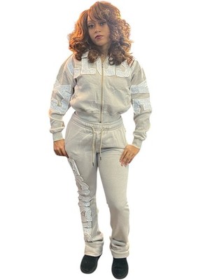 REDFOX RHINESTONE ''EXCLUSIVE'' CROP HOODIE/STACKED FLEECE PANTS SET (LT KHAKI)