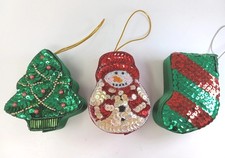 Sequined Beaded Christmas Box Ornament Lot Of 3 Opens Snowman Tree Satin 1.75"