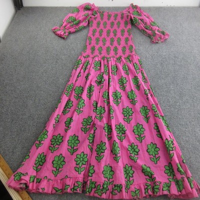 Rhode Resort Dress Womens L Pink Floral Cotton Smocked Maxi Boho Sundress