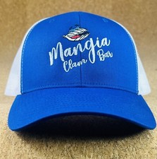 NWOT Mangia Oyster Bar Snapback Cap Trucker Hat Classics Blue White Mesh Yupoong