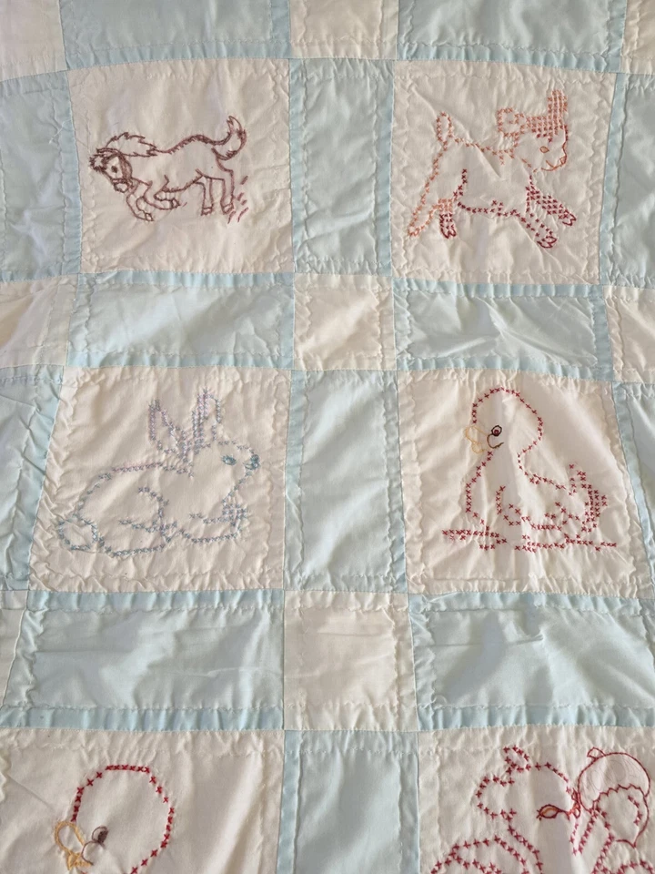 Edredón bebé vintage hecho a mano bordado animales azules niño búho Foto 2 de 4
