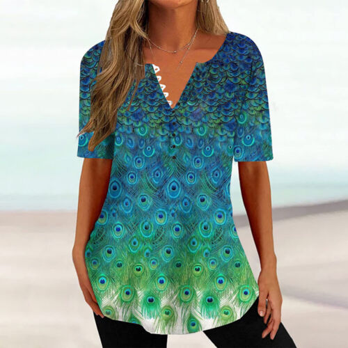 Women's Print V Neck Tunic Top Short Sleeve Casual Loose Blouse Tops T-Shirt - Picture 17 of 18