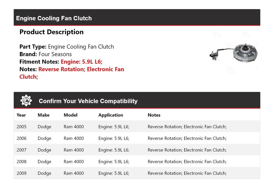 For 2005-2009 Dodge Ram 4000 5.9L L6 Engine Cooling Fan Clutch 4 Seasons 2006 - Image 2 of 4
