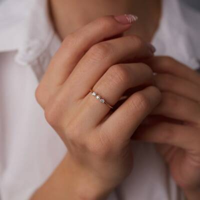 Three Stone Seed Ring 14k Solid Gold Diamond Gemstone 0.13ct Shining Minimalist 