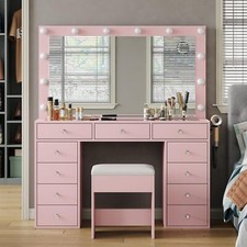 Vanity Desk with Mirror, 11 Drawers, LED Lights, Chair, Pink Makeup Set