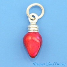 Red Enamel Christmas Light Bulb 3D 925 Solid Sterling Silver Charm 11mm