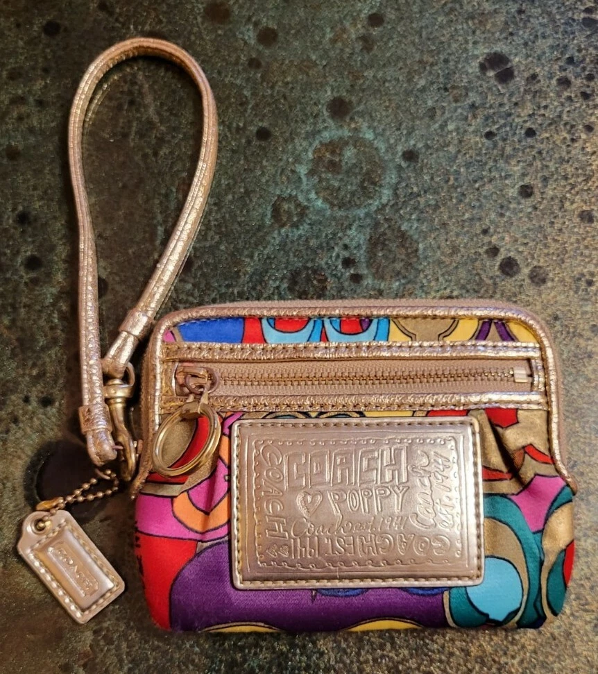 Coach Poppy Pop C Multicolor Satin & Metallic Leather Small Compact Zip  Wallet