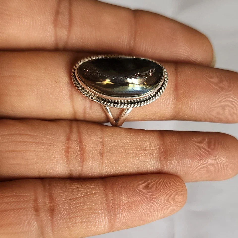 ANILLO DE JOYERÍA HECHO A MANO DE PLATA ESTERLINA SÓLIDA 925 PIEDRAS PRECIOSAS DRUZY DE TITANIO 3 A 12 Foto 3 de 4