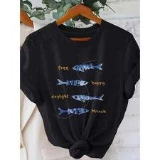Women's small fish print T-shirt,comfortable short sleeved round neck casual top