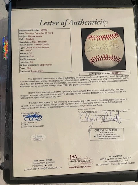 Mickey Mantle New York Yankees Signed OALB Baseball JSA Cert - Image 3 of 3