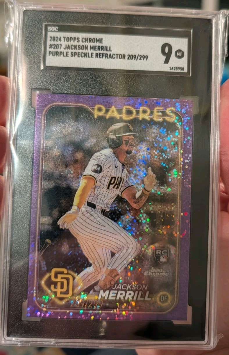 2024 TOPPS CHROME #207 JACKSON MERRILL PURPLE SPECKLE REF RC /299 - SGC 9