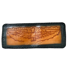 Handmade Natural Leather Tooled Laced Bifold Wallet - Eagle Wings - Made In USA