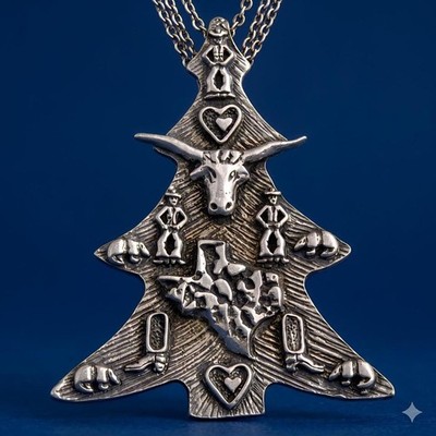 Maree B.F. USA Texas Longhorn Armadillo Christmas Tree Pendant Necklace Vtg 80s