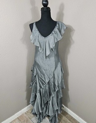 Vtg 90s Y2K Silver Maxi Dress 12 Robbie B Tiered Ruffles Fairy Grunge Whimsigoth