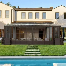 Pre-Owned 12x20FT Wall-Mounted Sunroom Gazebo, Steel Roof, Moveable PC Screen