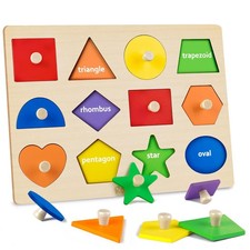 Wooden Toddler Shape Puzzle, Montessori Sorting Toy for Kids 36 Months