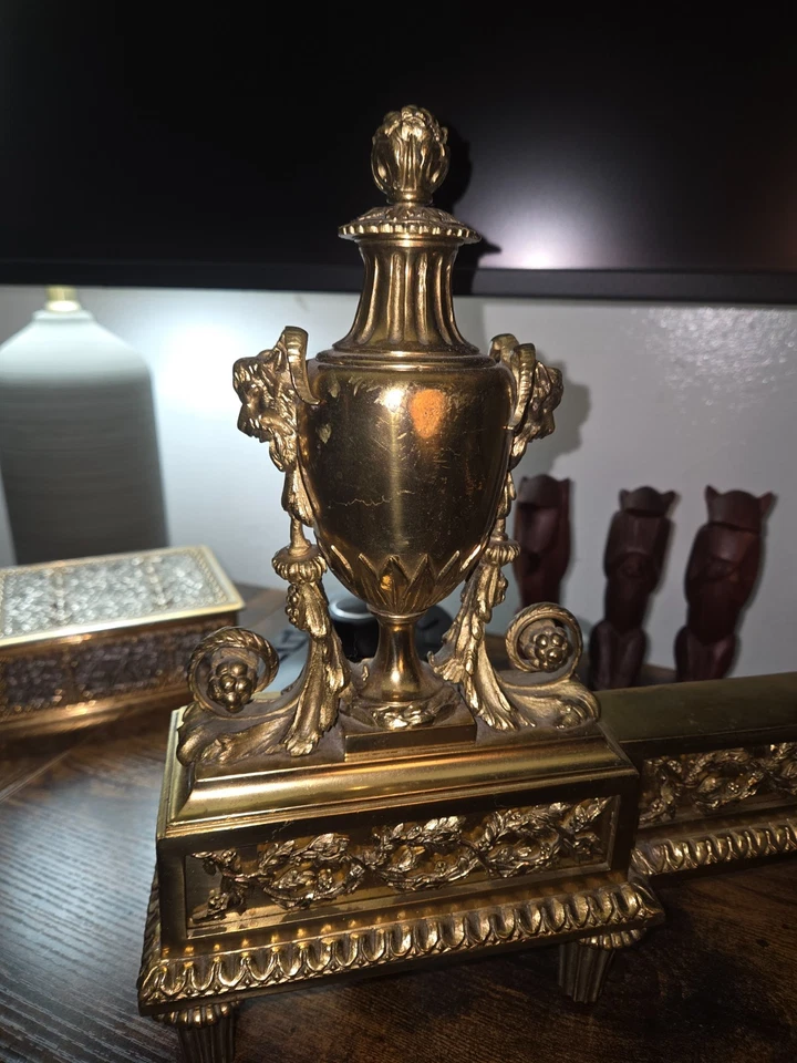 ANTIQUE CHENÈTS ANDIRONS BOUHON FRÈRES 22K GOLD GILDED FIREPLACE DECOR - Image 2 of 4
