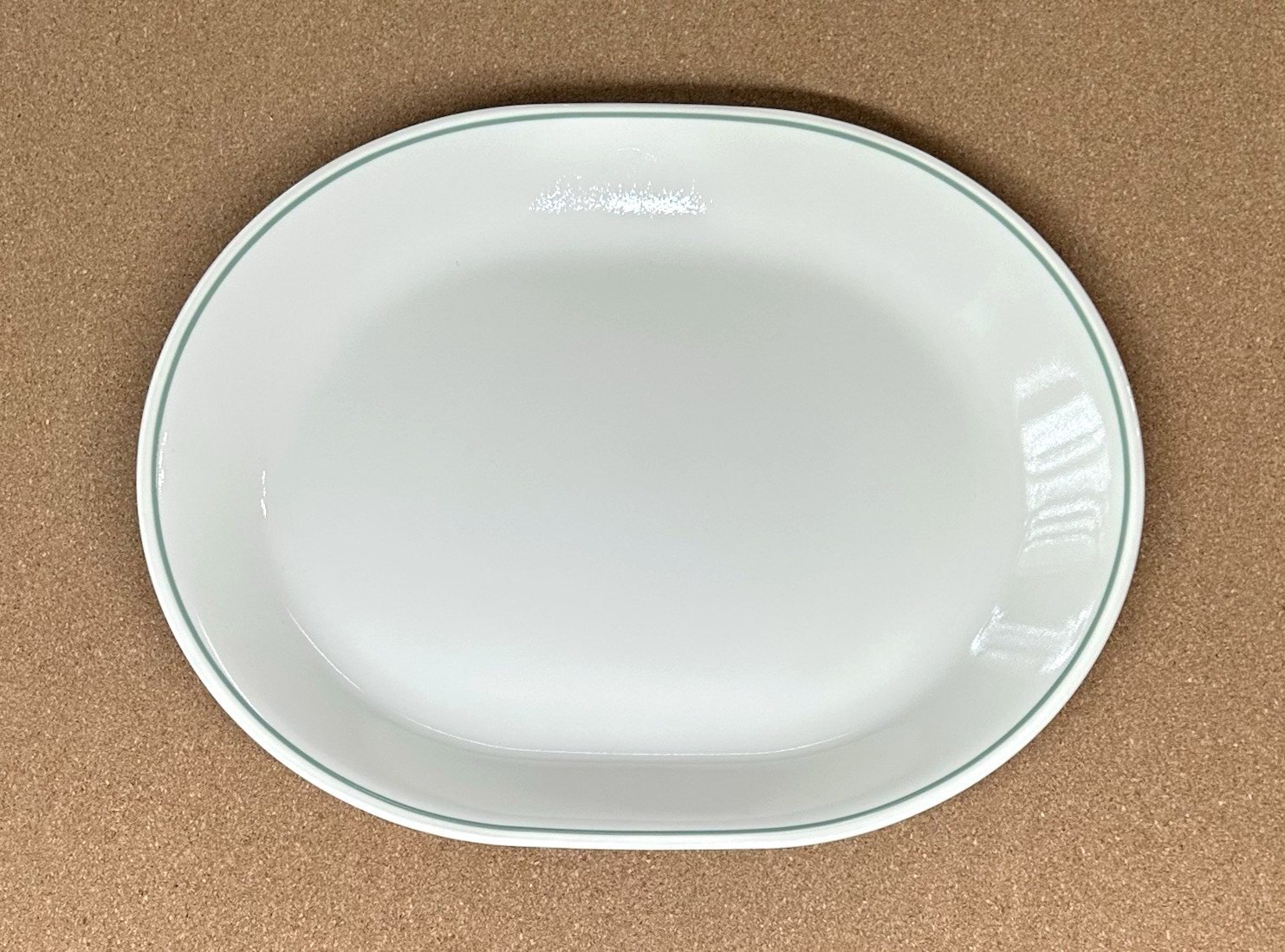 1 Oval Serving Platter 12.25" Corelle USA Sandstone Beige Light Green Band VGC