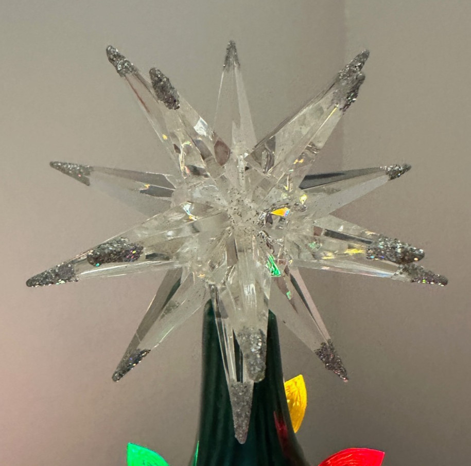 LARGE CLEAR MORAVIAN STAR 3" Ceramic Christmas Tree Topper Silver Glitter Tip