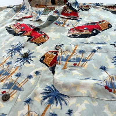Pineapple Connection Mens Hawaiian Shirt L Blue Rayon Woodie Car Palm Tree Surf