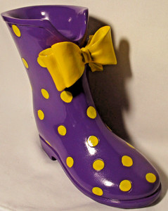 Cowgirl ceramic boot coin bank 7 1/2" tall purple w/yellow polka dots and bow