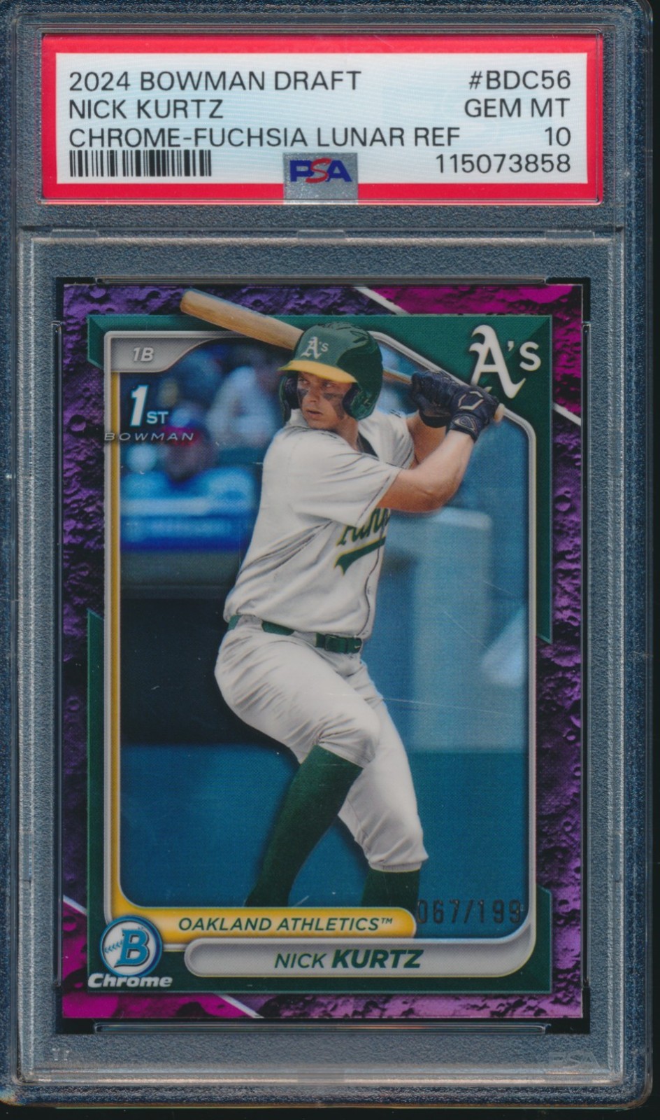 PSA 10 NICK KURTZ 1st 2024 Bowman Chrome FUCHSIA LUNAR REFRACTOR/199 RC GEM MINT