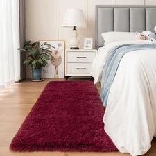 Burgundy Fluffy Plush Runner Rugs 2x6 ft Bedside Furry Shag Rug for Bedroom N