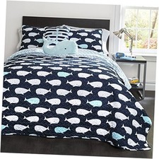 Whale Kids Reversible 4 Piece Quilt Bedding Set with Sham and Twin Navy