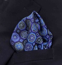 Gascoigne Pocket Square Blue Black Fancy Geometric Pattern Men's