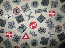 TRAINS SIGNS MODEL TRAIN LOCOMOTIVE RX CREAM COTTON FABRIC FQ