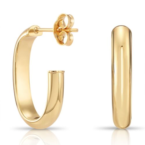 10K Real Solid Yellow Gold Shiny Polished Oval Chunky Italian Hoop Earrings 20MM - Picture 3 of 8