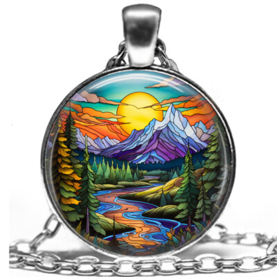 Faux Stained Glass Art Print Valley Snowy Mountains Sunrise Fantasy Necklace