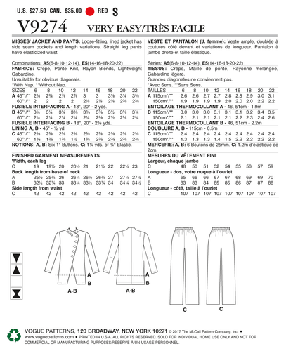 VOGUE SEWING PATTERN 9274 MISSES 14-22 EASY LOOSE-FITTING JACKET & PULL-ON PANTS - Picture 5 of 5